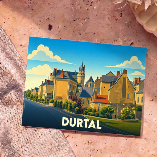 Carte postale souvenir de la ville de Durtal avec une illustration stylisée et colorée de ses bâtiments historiques.