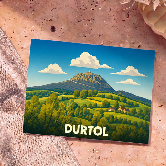 Carte postale souvenir de la ville de Durtol avec une illustration stylisée du puy de Dôme dominant un paysage vallonné.