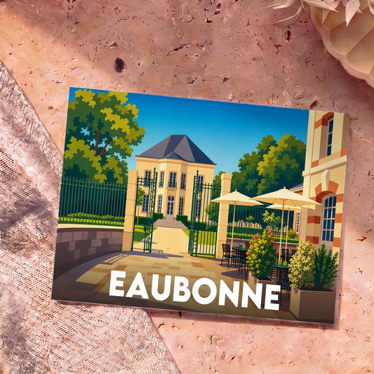 Carte postale souvenir de la ville d'Eaubonne illustrant une élégante bâtisse et une terrasse de café dans un style graphique épuré.