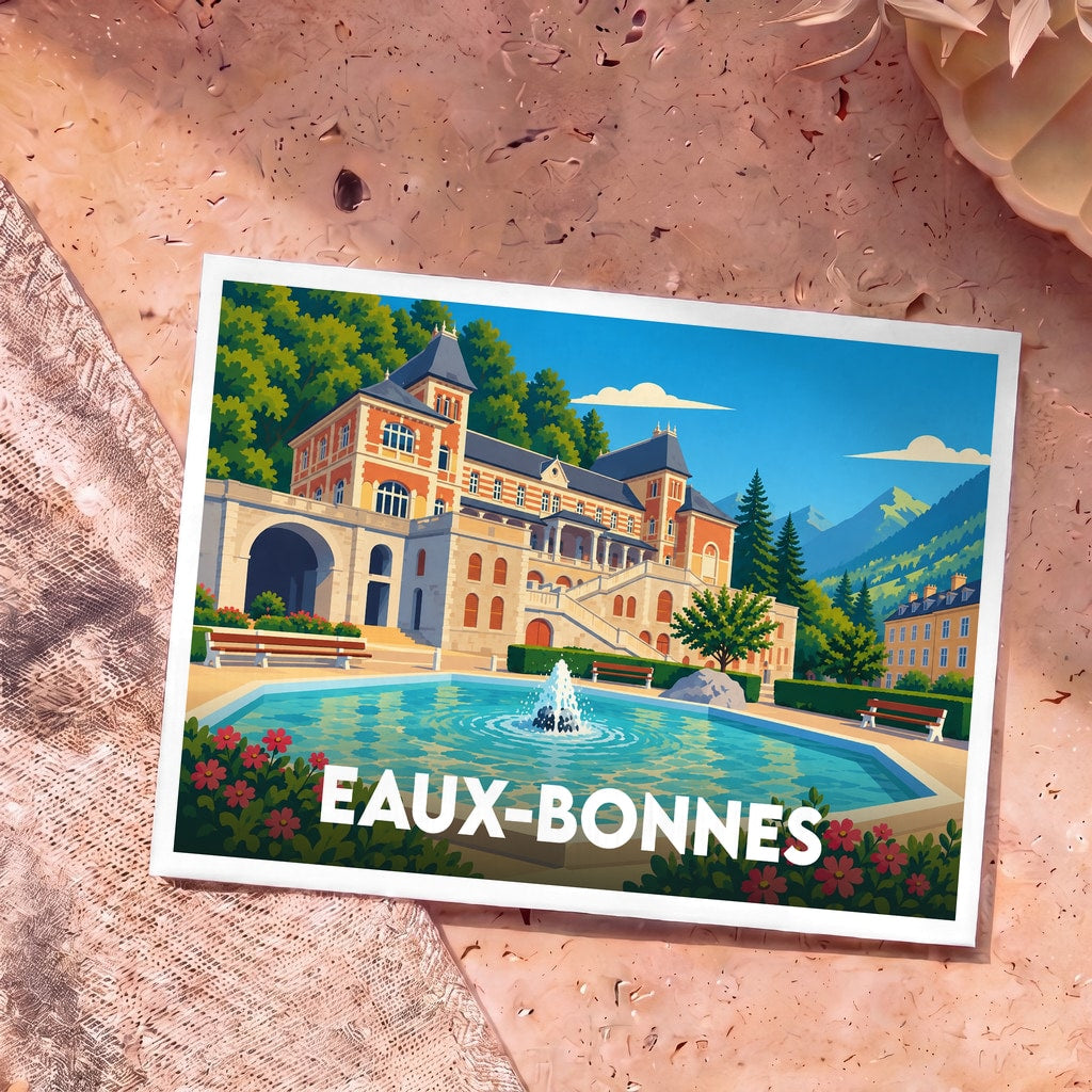 Carte postale souvenir de la ville de Eaux-Bonnes illustrée d'un style rétro coloré.