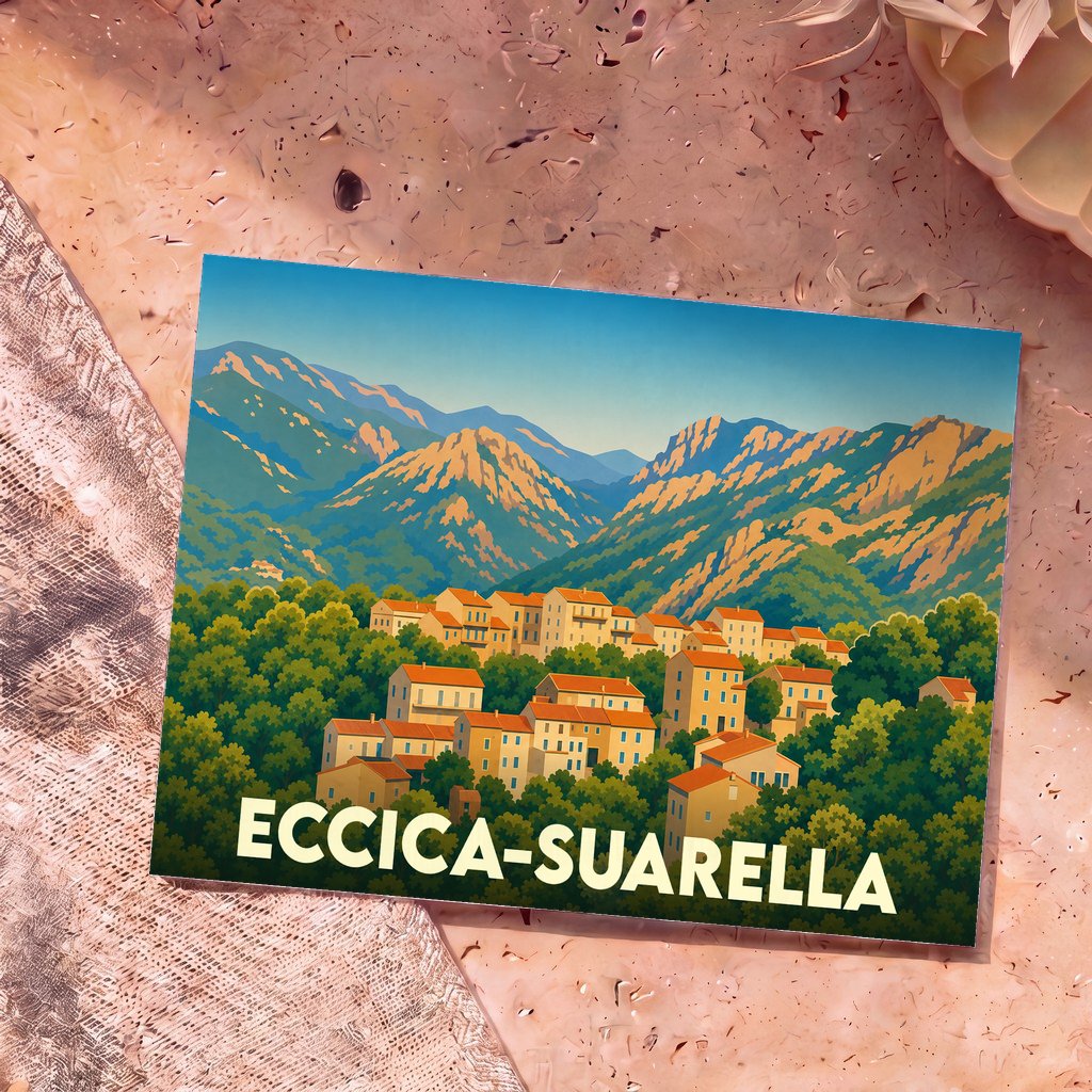 Carte postale souvenir de la ville d'Eccica-Suarella avec une illustration stylisée de son village et de ses montagnes.