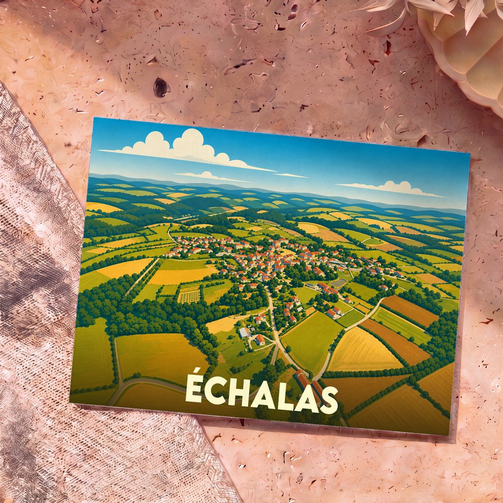 Carte postale souvenir de la ville d'Échalas avec une illustration stylisée d'un paysage rural vu du ciel.