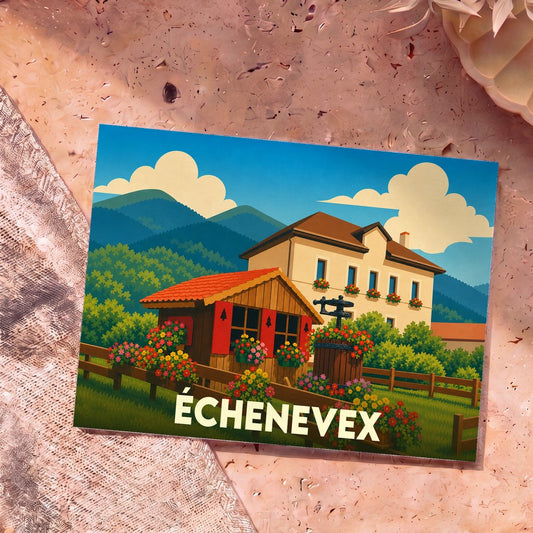 Carte postale souvenir de la ville d'Échenevex avec une illustration stylisée et colorée.