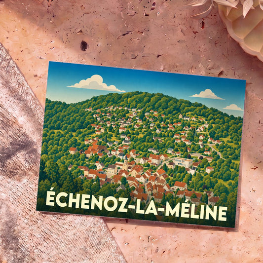Carte postale souvenir de la ville d'Échenoz-la-Méline avec une illustration stylisée.