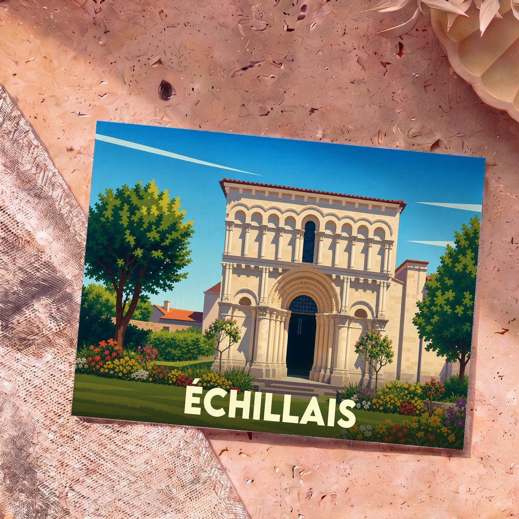 Carte postale souvenir de la ville d'Échillais avec une illustration stylisée de son église romane.