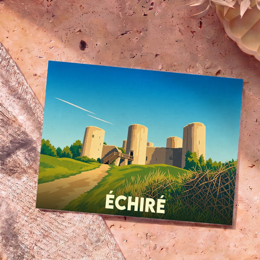 Carte postale souvenir de la ville d'Échiré illustrant son château médiéval dans un style graphique épuré.