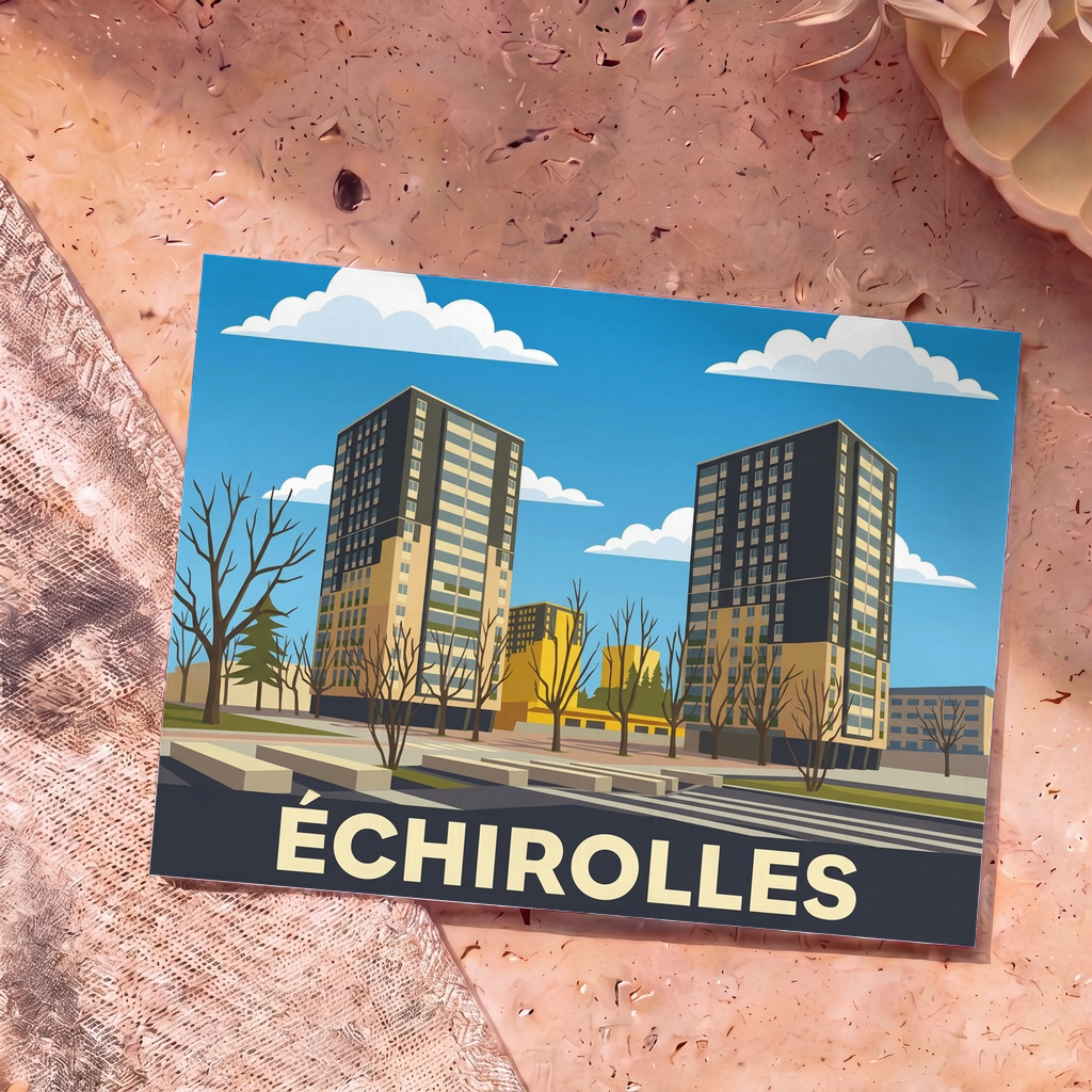 Carte postale souvenir de la ville d'Échirolles avec une illustration stylisée de ses immeubles emblématiques.