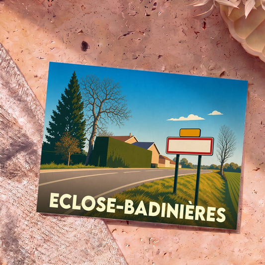 Carte postale souvenir de la commune d'Eclose-Badinières présentant une illustration stylisée d'un paysage de route de campagne.