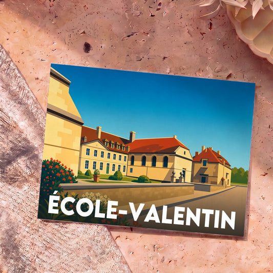 Carte postale souvenir de la ville d'École-Valentin illustrant ses bâtiments historiques dans un style graphique épuré.