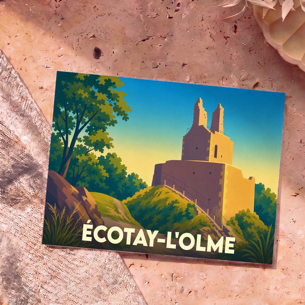 Carte postale souvenir de la commune d'Écotay-l'Olme illustrant les ruines de son vieux château dans un style graphique épuré.
