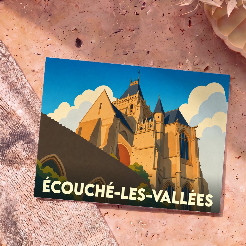 Carte postale souvenir de la ville d'Écouché-les-Vallées avec une illustration stylisée de son église.