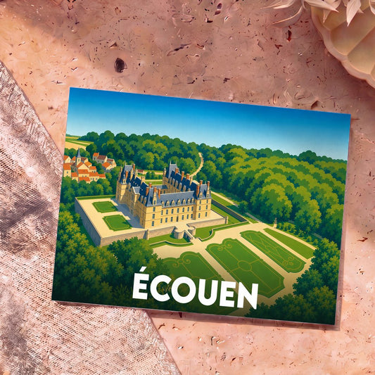 Carte postale souvenir de la ville d'Écouen avec une illustration stylisée de son château et de ses jardins.