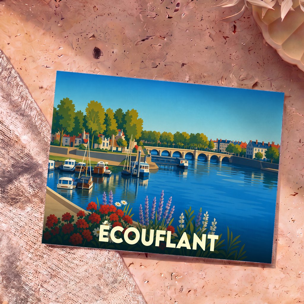 Carte postale souvenir de la ville d'Écouflant avec une illustration stylisée des bords de la Sarthe.