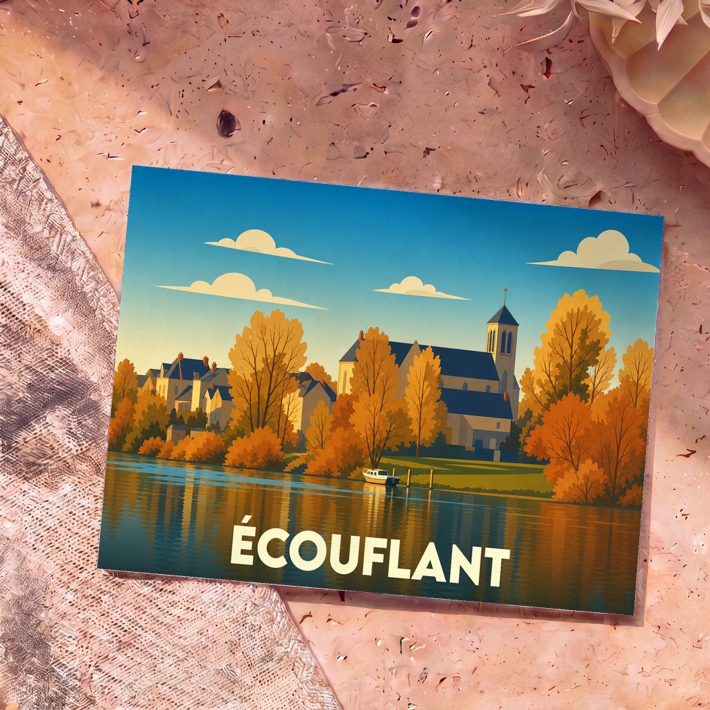 Carte postale souvenir de la ville d'Écouflant avec une illustration stylisée des bords de la Sarthe en automne.