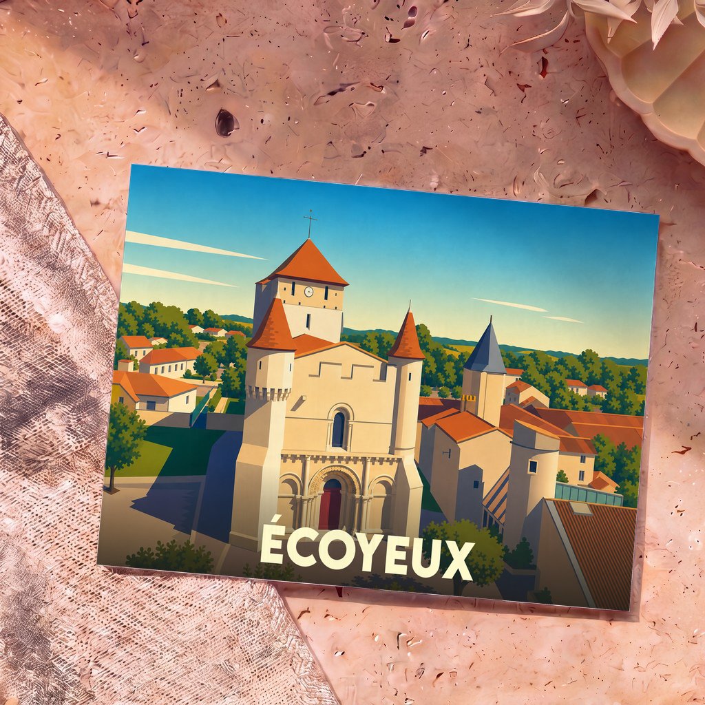 Carte postale souvenir de la ville d'Écoyeux avec une illustration stylisée de son église fortifiée.