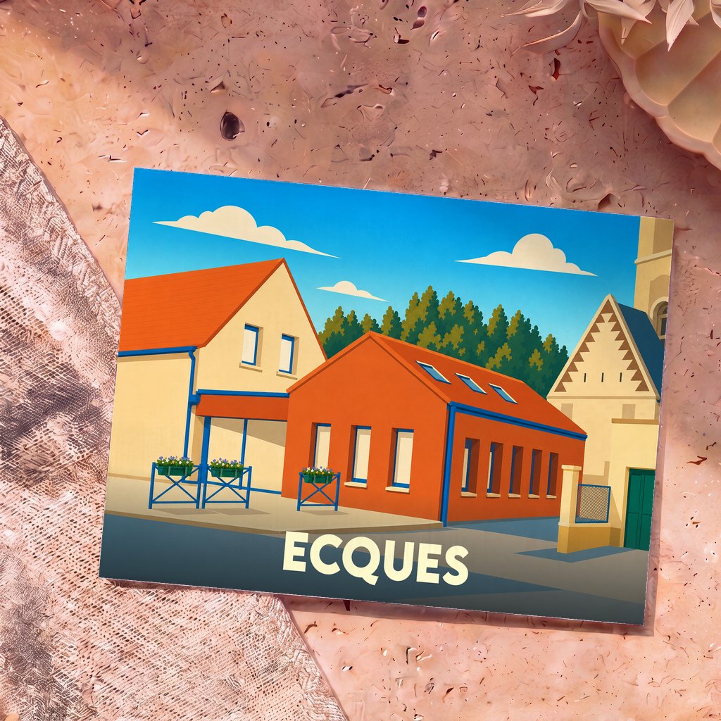 Carte postale souvenir de la ville de Ecques avec une illustration stylisée et colorée.