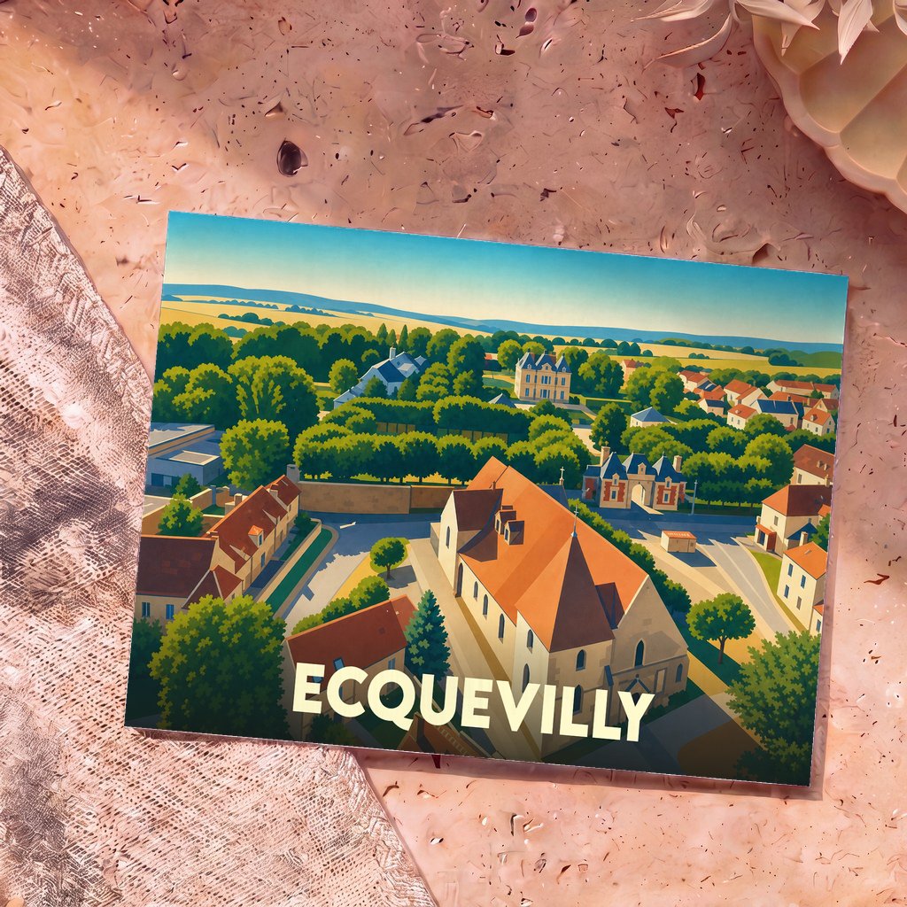 Carte postale souvenir de la ville d'Ecquevilly avec une illustration stylisée vue du ciel.