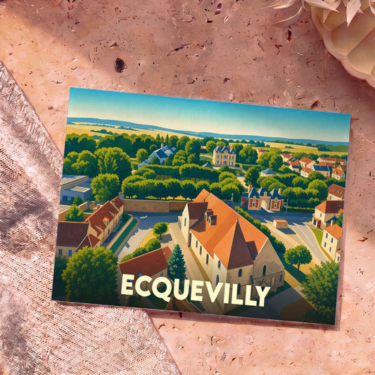 Carte postale souvenir de la ville d'Ecquevilly avec une illustration stylisée vue du ciel.