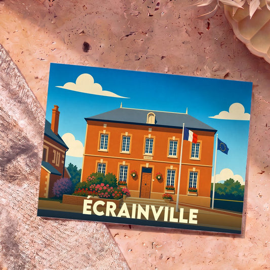 Carte postale souvenir de la ville d'Écrainville avec une illustration stylisée de sa mairie.