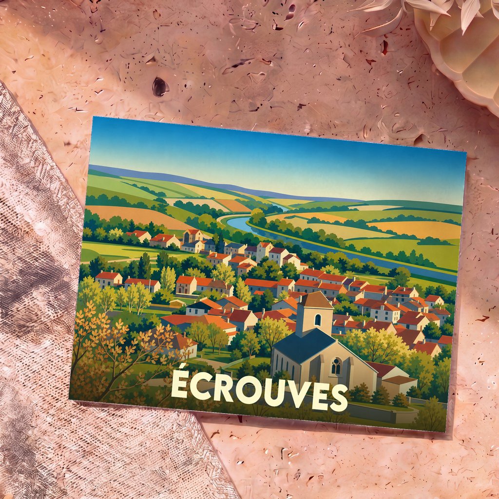 Carte postale souvenir de la ville d'Écrouves avec une illustration stylisée de son paysage vallonné et de ses toits rouges.