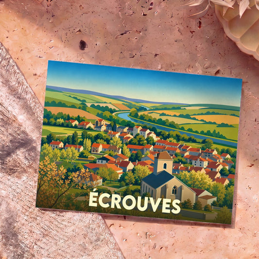 Carte postale souvenir de la ville d'Écrouves avec une illustration stylisée de son paysage vallonné et de ses toits rouges.