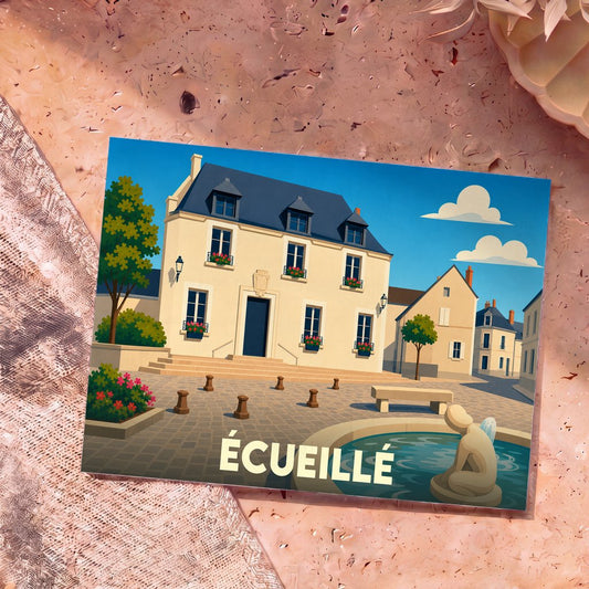 Carte postale souvenir de la ville d'Écueillé avec une illustration stylisée de sa place principale.