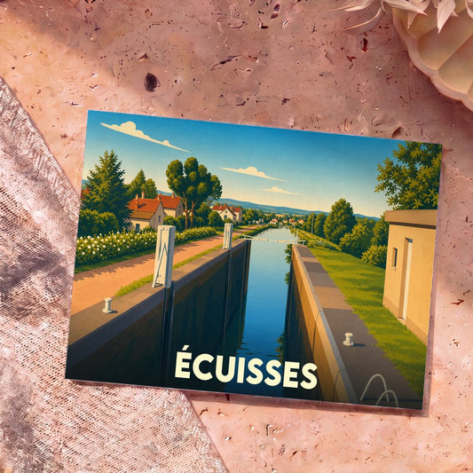 Carte postale souvenir de la ville de Écuisses avec une illustration stylisée d'une écluse sur le canal.
