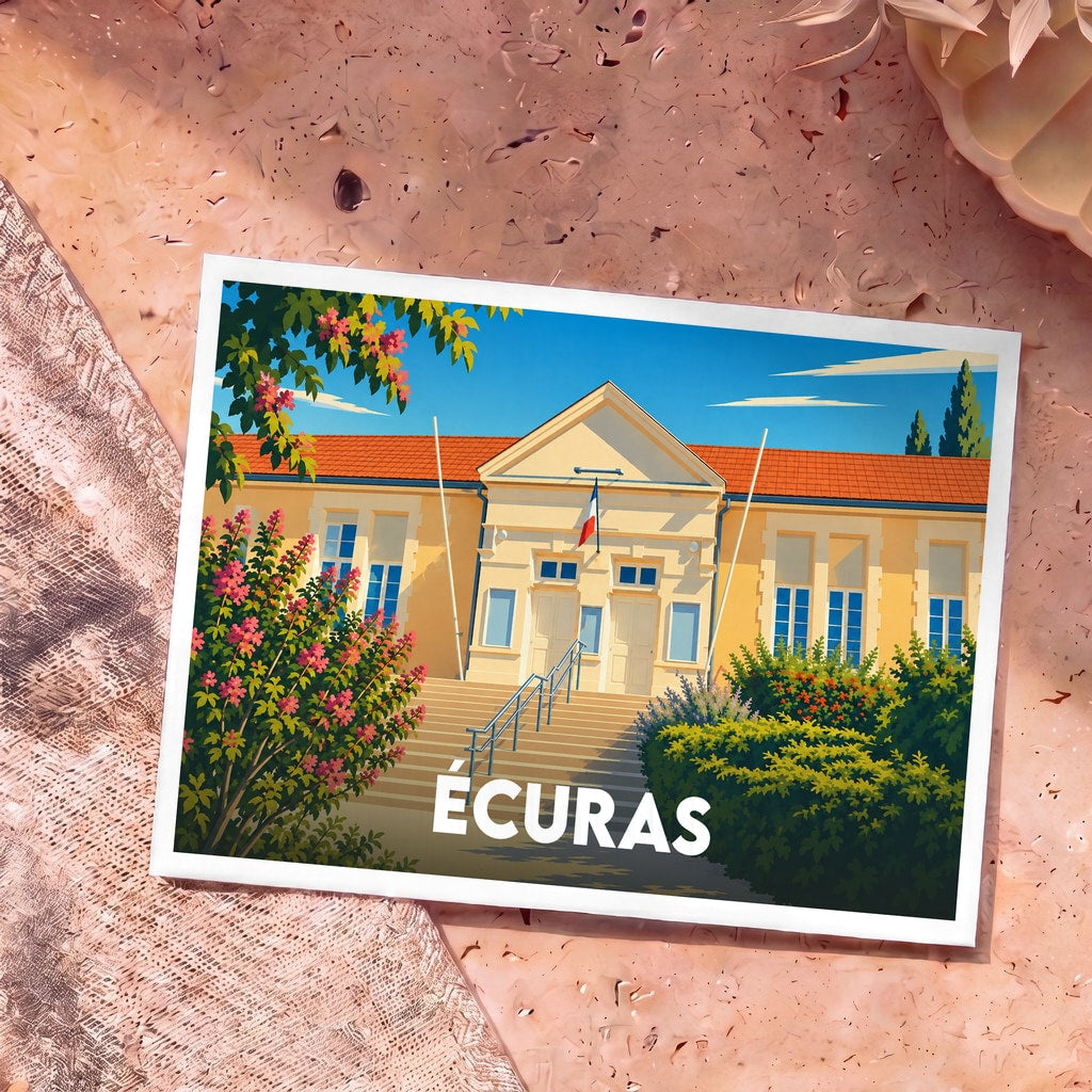 Carte postale souvenir de la ville d'Écuras avec une illustration colorée de sa mairie.