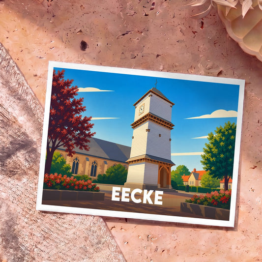Carte postale souvenir de la ville de Eecke avec une illustration stylisée de son église et de son clocher.