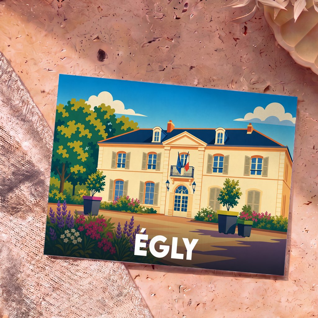 Carte postale souvenir de la ville d'Égly avec une illustration stylisée de sa mairie fleurie.