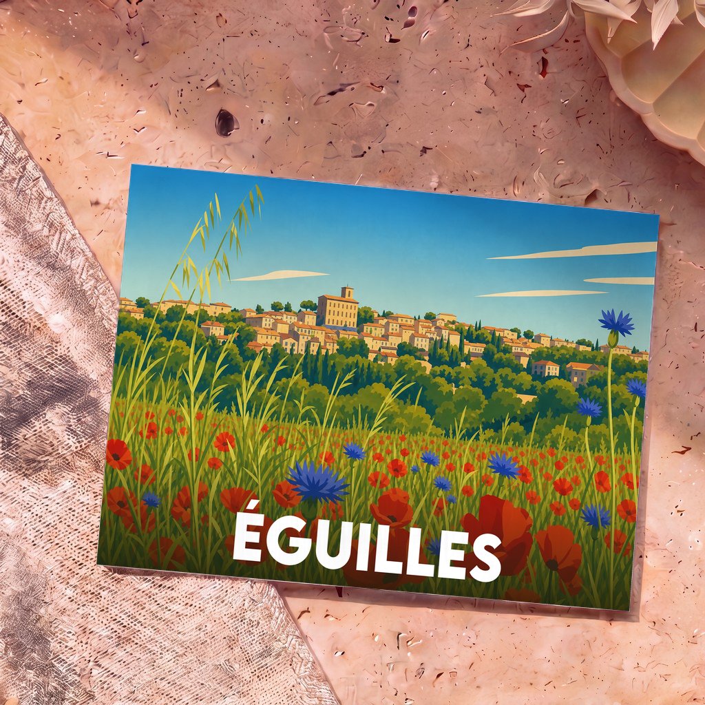 Carte postale souvenir de la ville d'Éguilles avec une illustration stylisée d'un champ de coquelicots devant le village provençal.