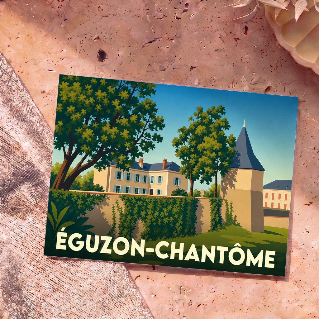 Carte postale souvenir de la ville d'Éguzon-Chantôme avec une illustration stylisée de son patrimoine architectural.