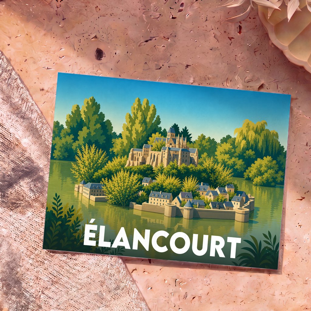 Carte postale souvenir de la ville d'Élancourt avec une illustration stylisée d'une cité médiévale au bord de l'eau.