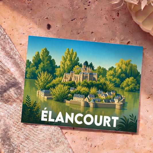 Carte postale souvenir de la ville d'Élancourt avec une illustration stylisée d'une cité médiévale au bord de l'eau.