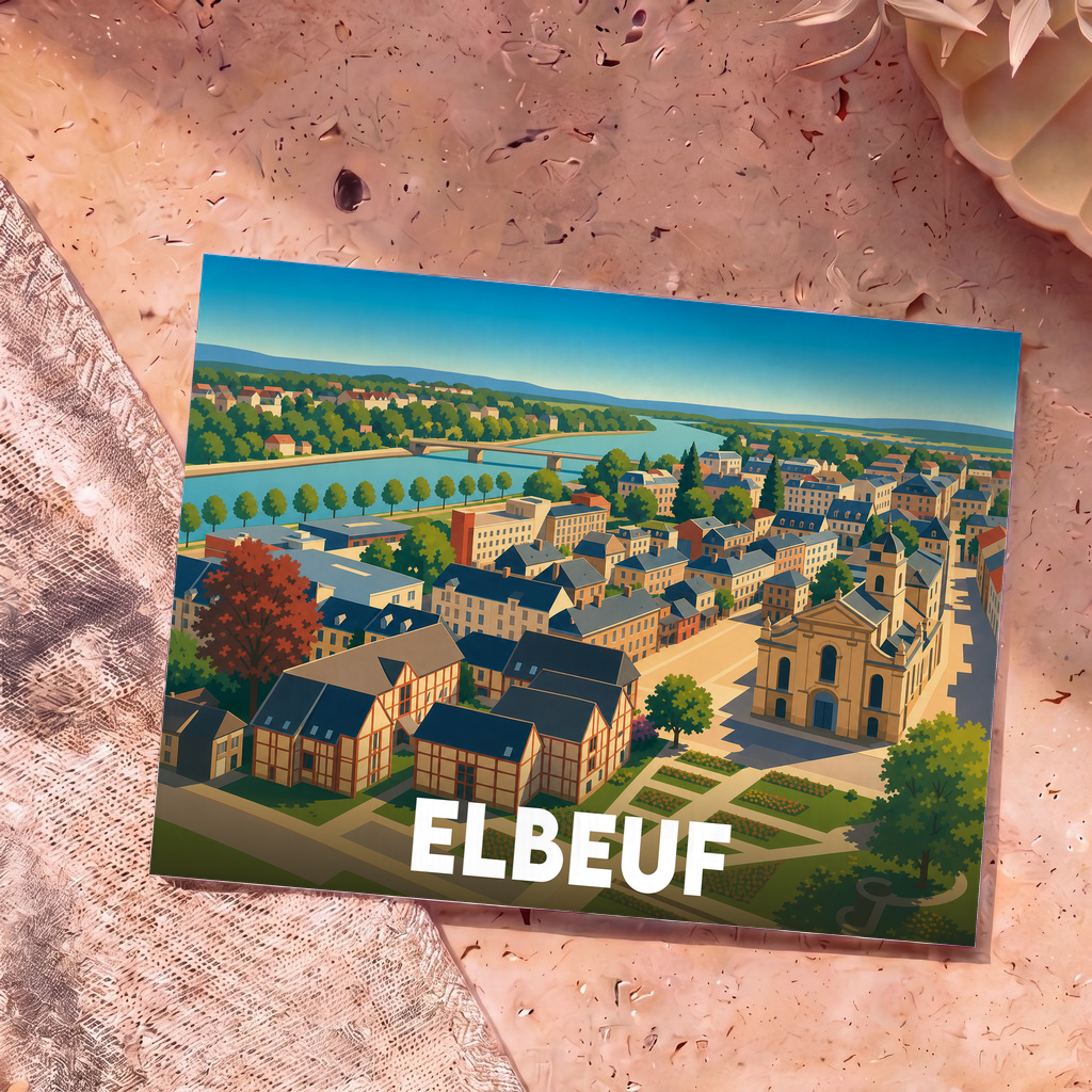 Carte postale souvenir de la ville d'Elbeuf avec une illustration stylisée vue du ciel.