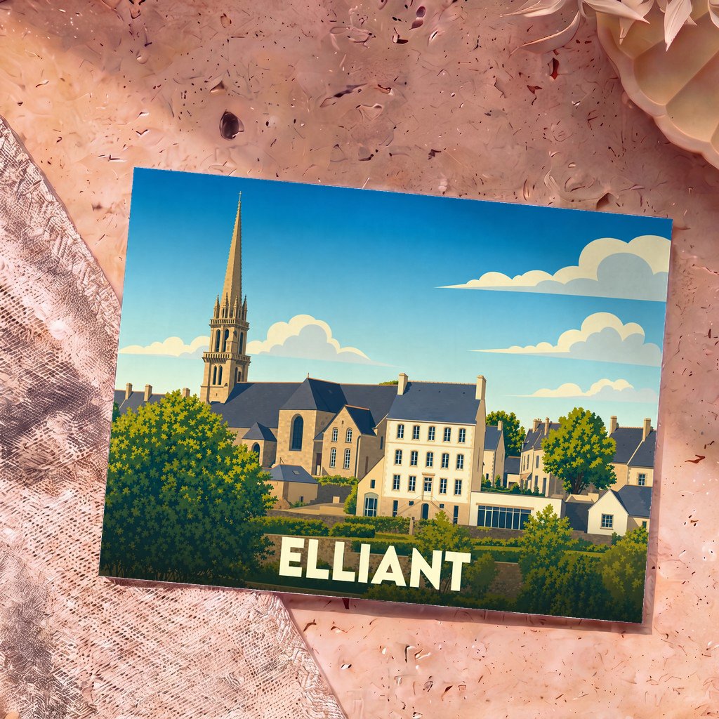 Carte postale souvenir de la ville d'Elliant avec une illustration stylisée de son église et de ses bâtiments.
