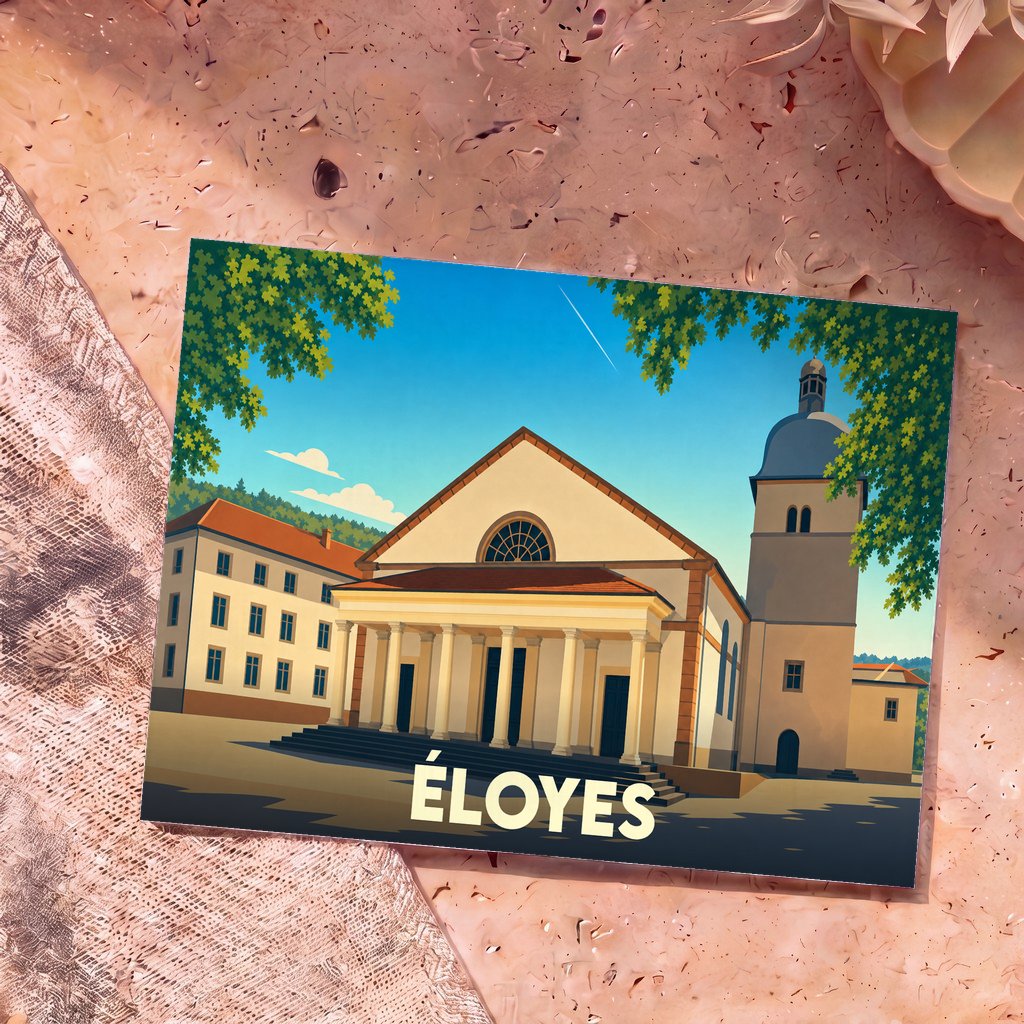 Carte postale souvenir de la ville de Éloyes avec une illustration stylisée de son église.