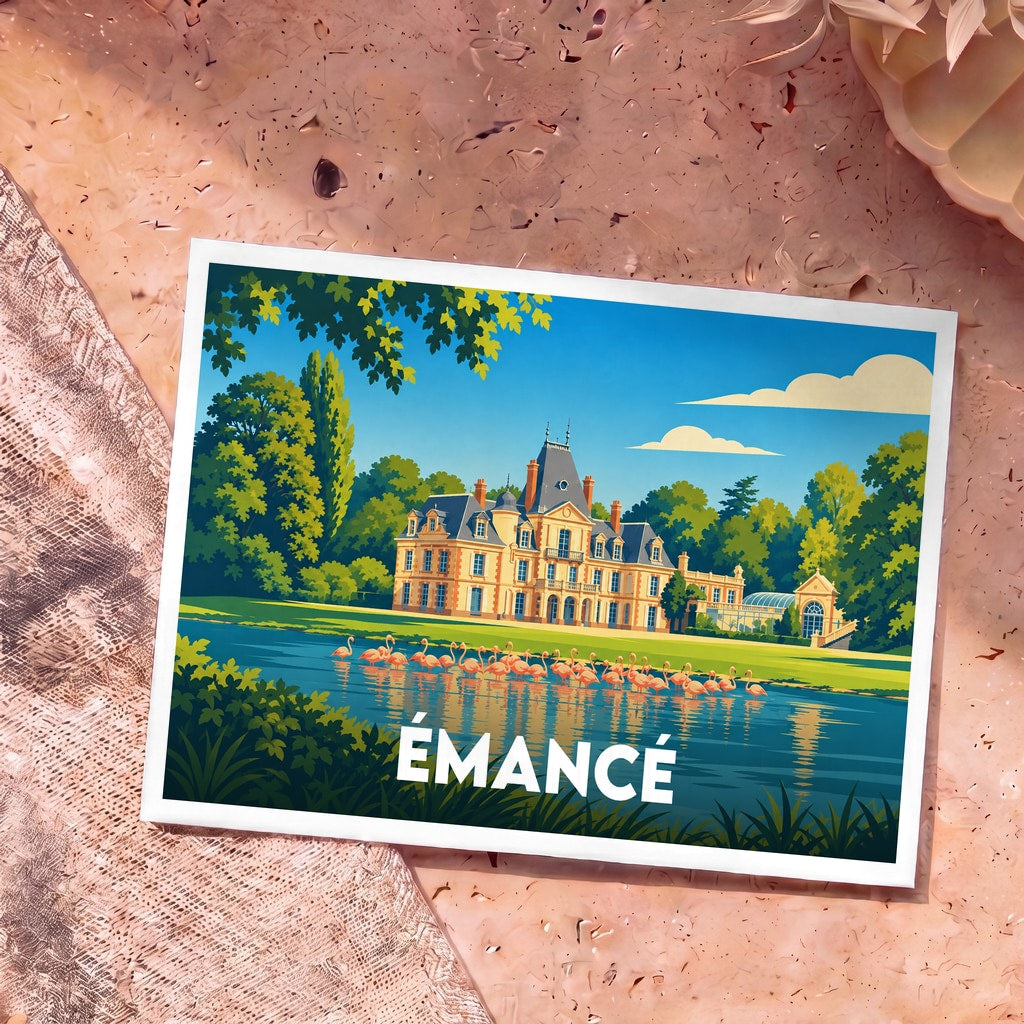 Carte postale souvenir de la ville de Émancé avec une illustration stylisée d'un château et de flamants roses.