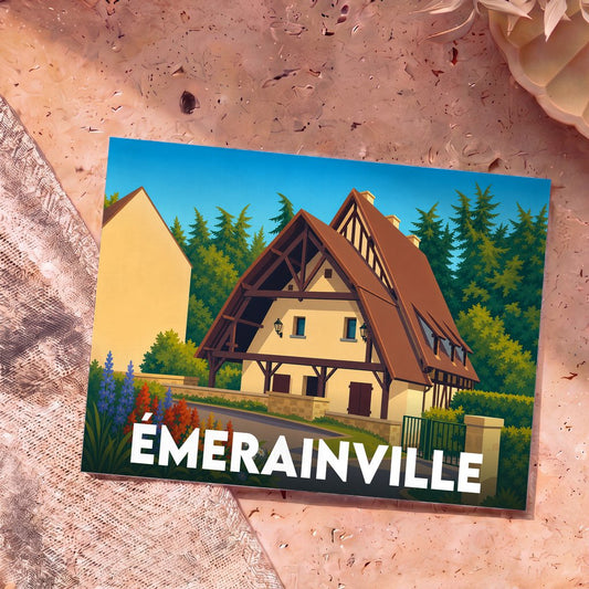 Carte postale souvenir de la ville d'Émerainville avec une illustration stylisée d'une maison à colombages.