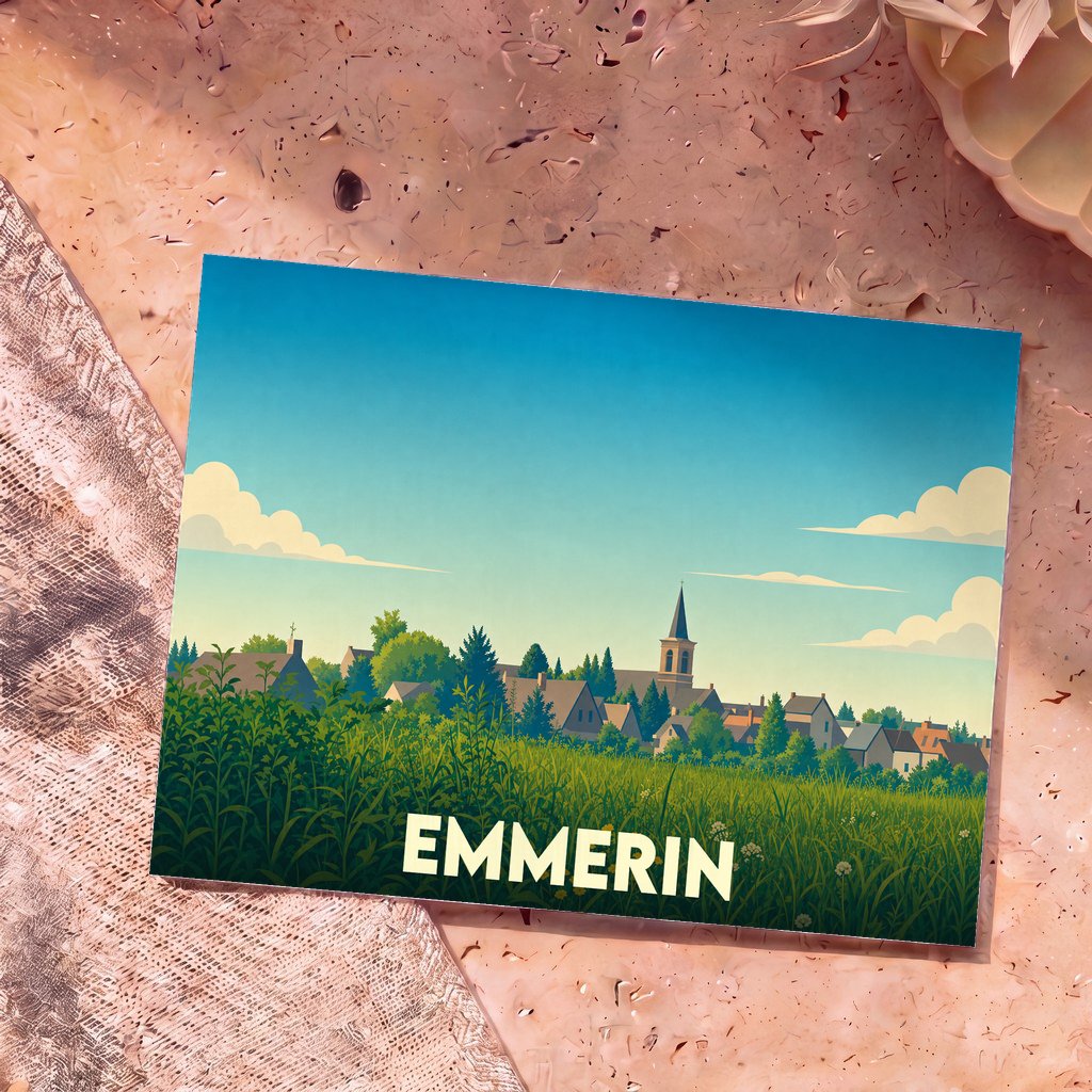 Carte postale souvenir de la ville d'Emmerin avec une illustration stylisée d'un paysage champêtre.