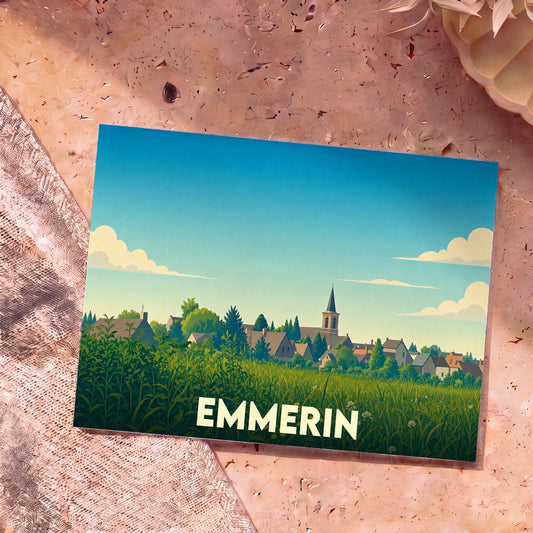 Carte postale souvenir de la ville d'Emmerin avec une illustration stylisée d'un paysage champêtre.