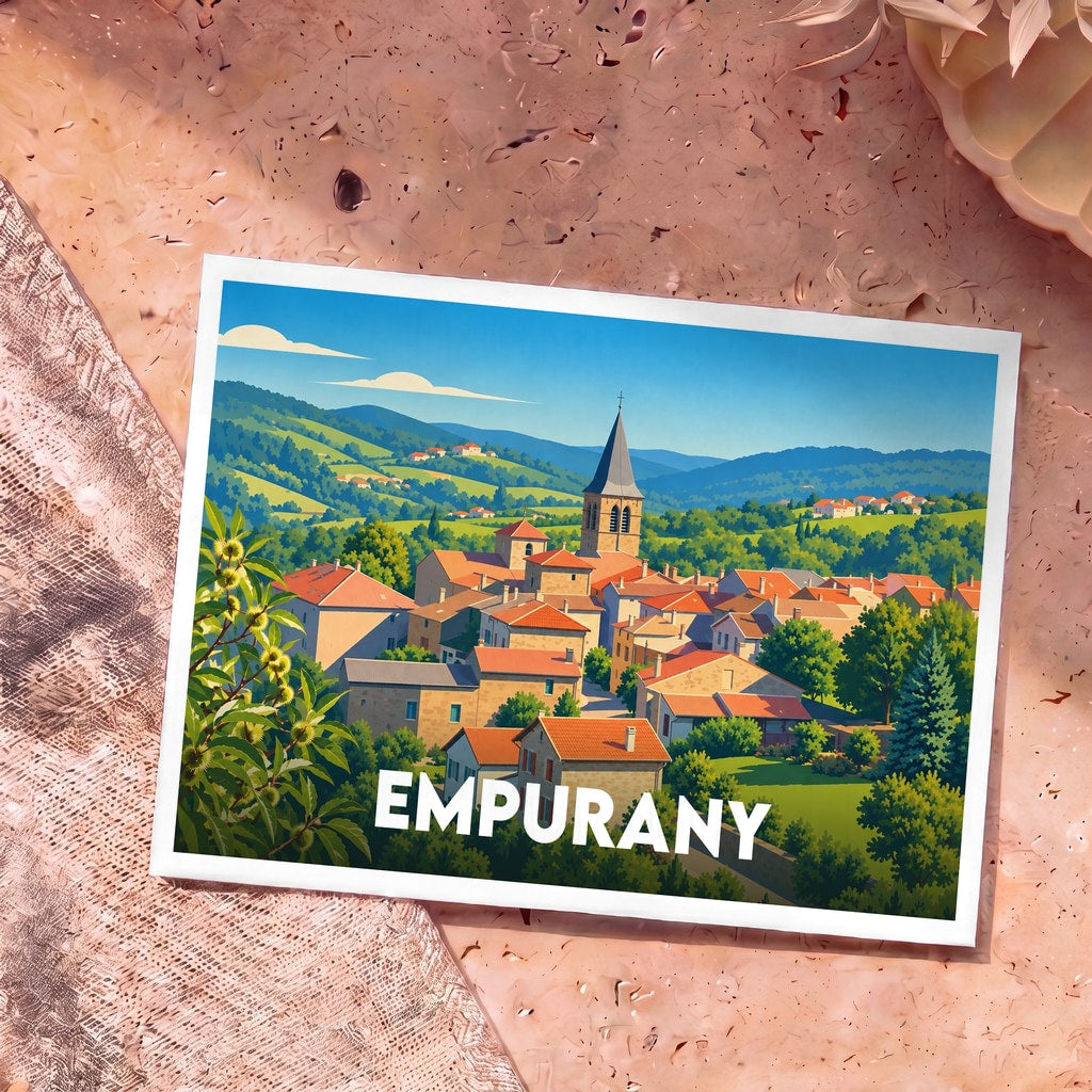 Carte postale souvenir de la ville d'Empurany avec une illustration stylisée d'un village pittoresque niché dans les collines.