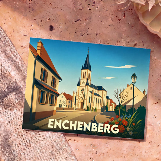 Carte postale souvenir de la ville d'Enchenberg illustrée d'un dessin stylisé de son église et ses maisons.