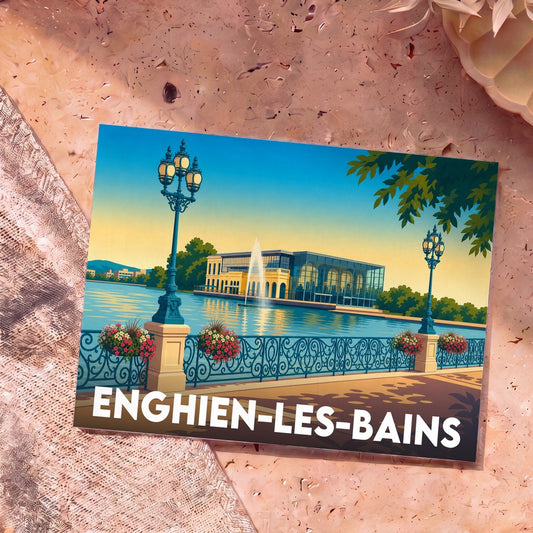 Carte postale souvenir de la ville d'Enghien-les-Bains avec une illustration stylisée du lac et de son casino.