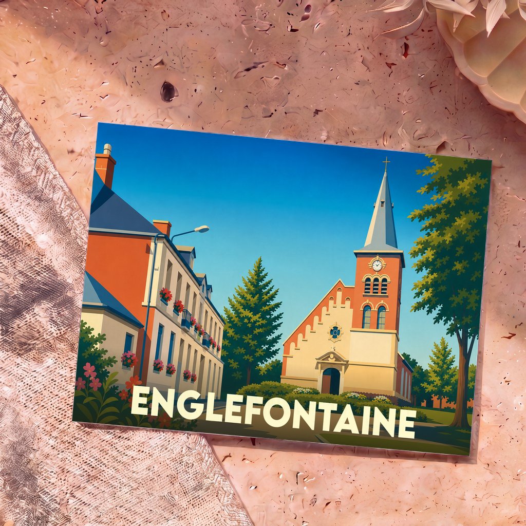 Carte postale souvenir de la ville d'Englefontaine avec une illustration stylisée de son église et de son architecture locale.