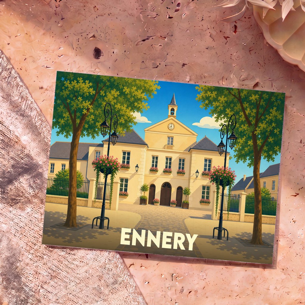 Carte postale souvenir de la ville d'Ennery illustrant son hôtel de ville dans un style graphique et coloré.