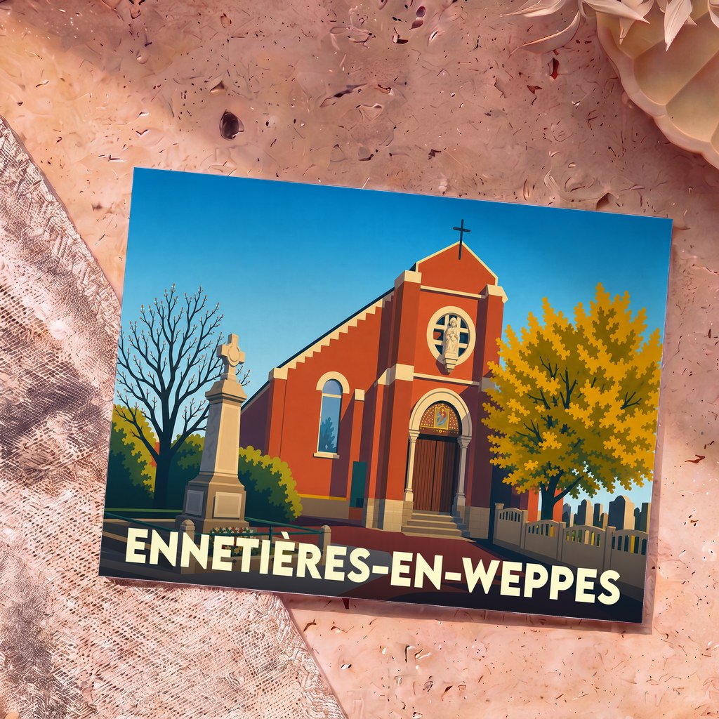 Carte postale souvenir de la ville d'Ennetières-en-Weppes avec une illustration stylisée de son église.