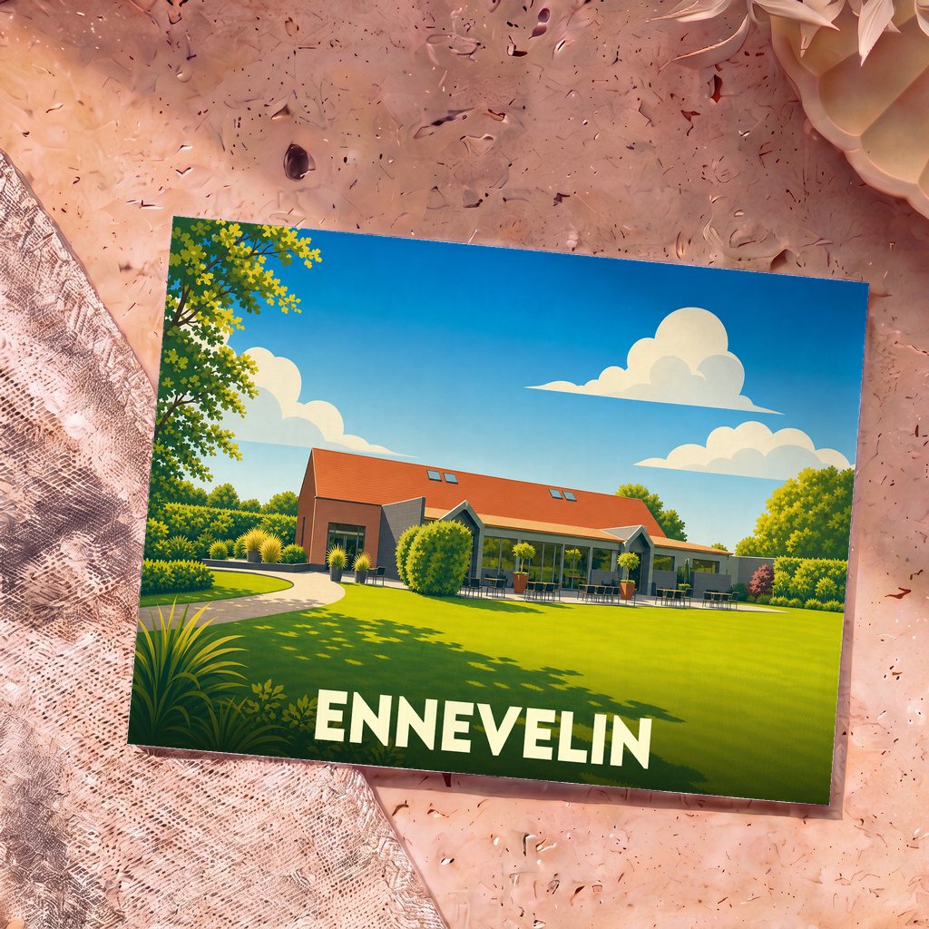 Carte postale souvenir de la ville d'Ennevelin avec une illustration stylisée de son paysage.