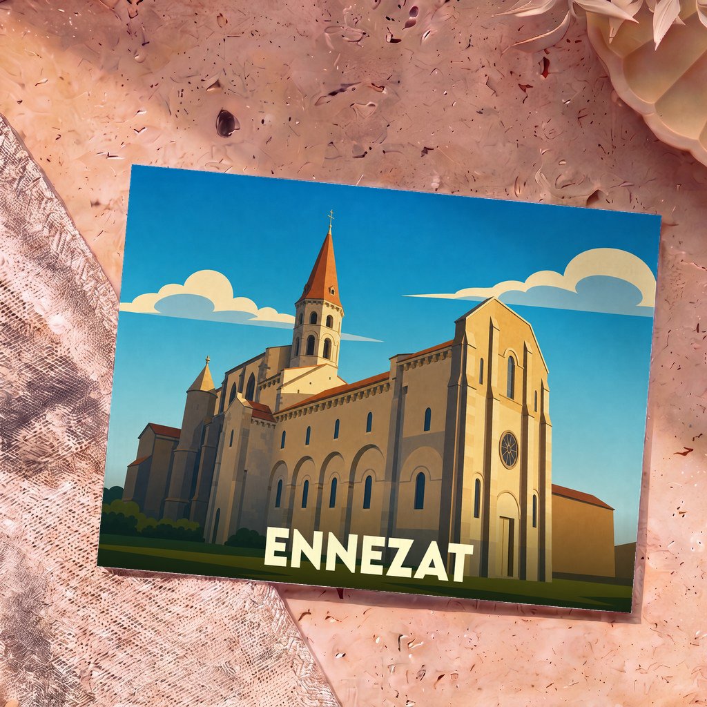 Carte postale souvenir de la ville d'Ennezat avec une illustration stylisée de son église romane.