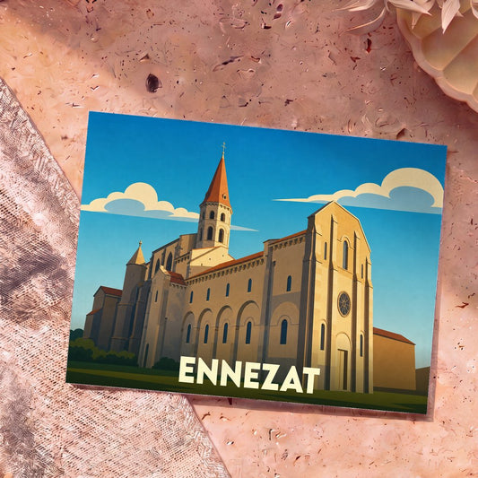 Carte postale souvenir de la ville d'Ennezat avec une illustration stylisée de son église romane.